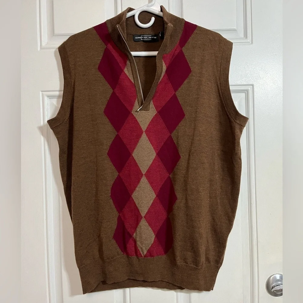 Carnoustie Mens L Merino Wool Sweater Vest Argyle Quarter Zip Golf Brown Red